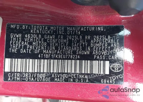 2014 Toyota Camry Le z USA, uszkodzony, nr VIN 4T1BF1FK9EU778234